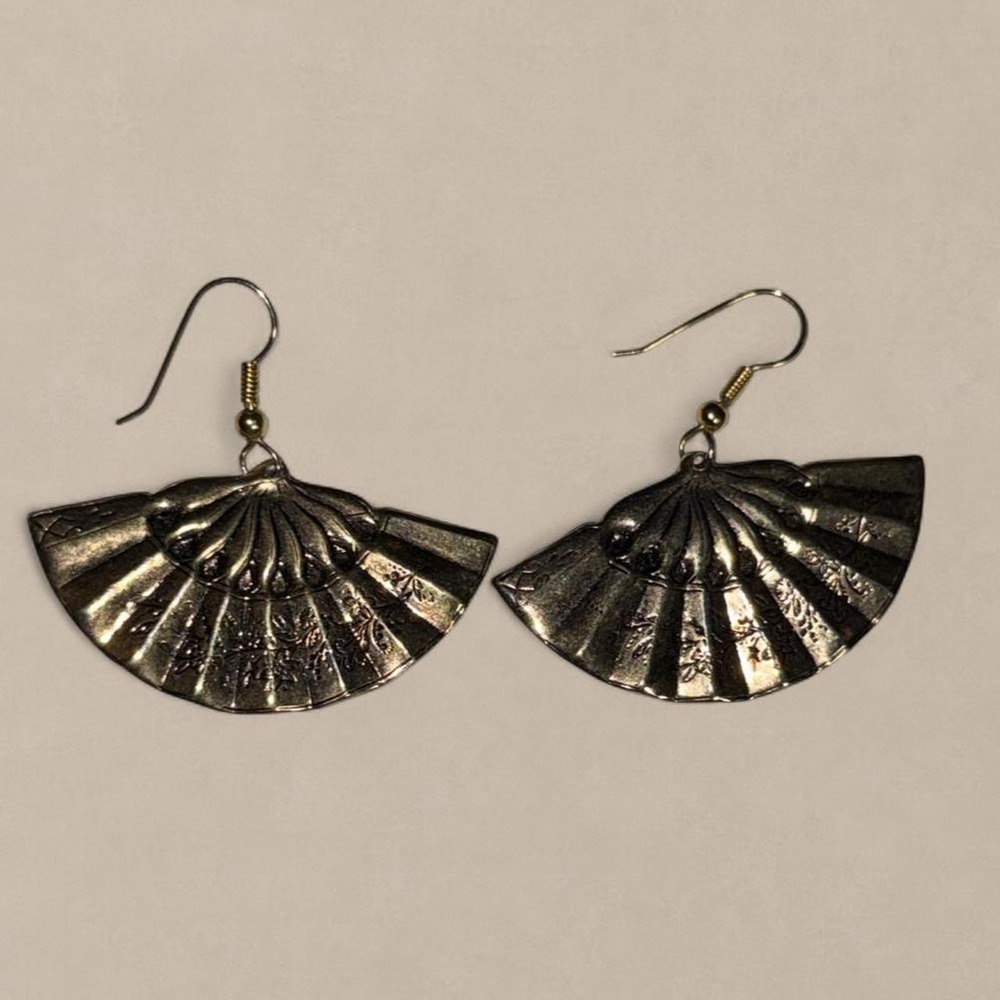 Gold Fan Earrings Statement Dangle Floral Embossed Boho
